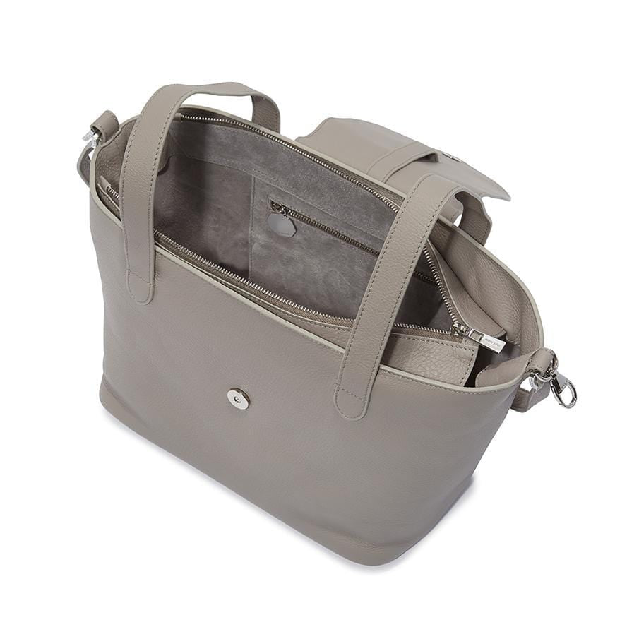Thela Medium Taupe Grey Leather with Zip Closure Tote Bag for Women