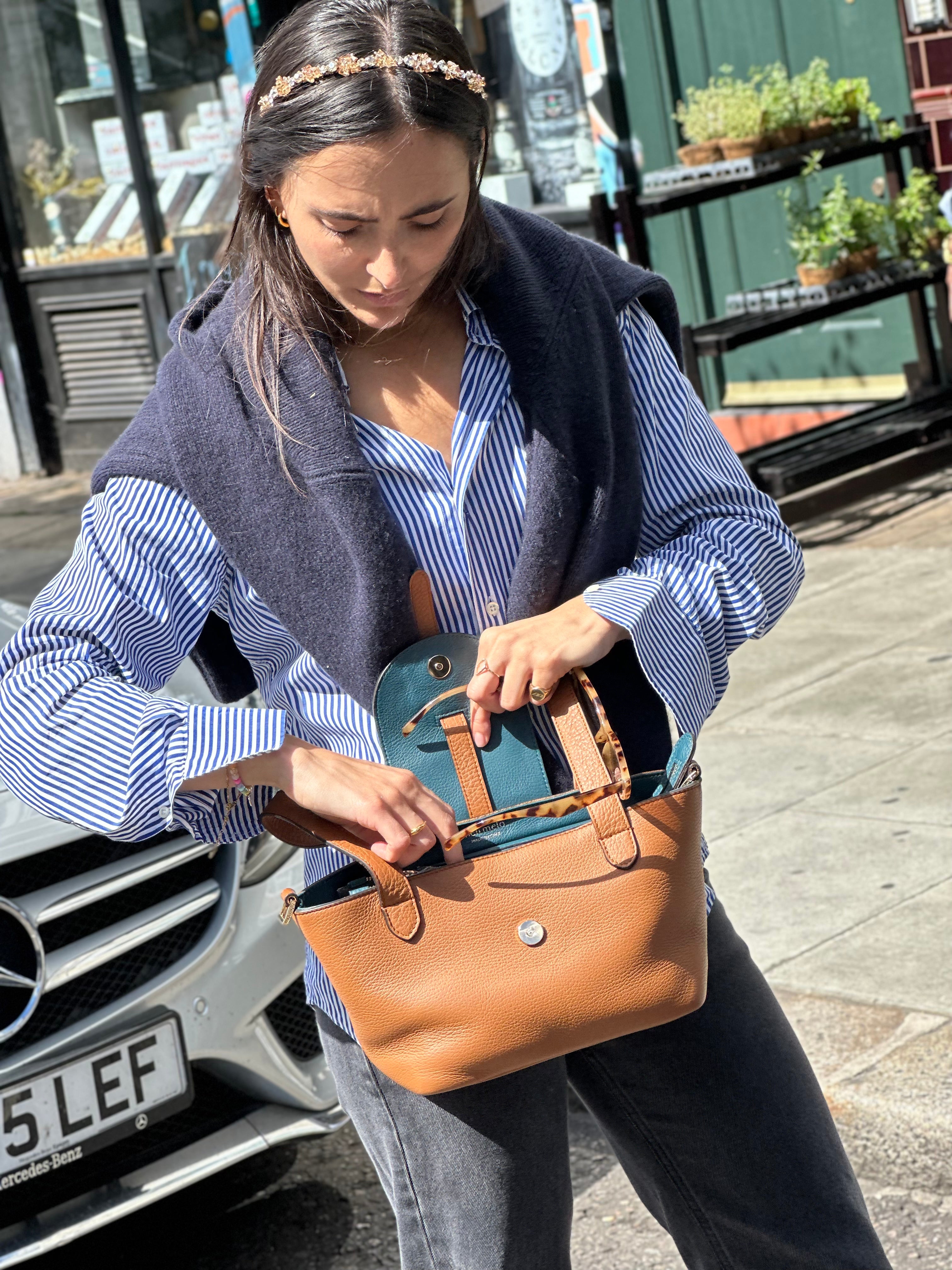 Thela Mini Tan and Green with Zip Closure Cross Body Bag for