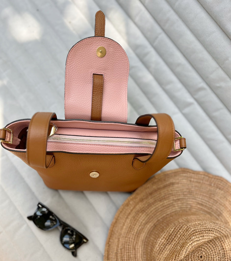 Thela Mini Tan and pink with Zip Closure Cross Body Bag for Women