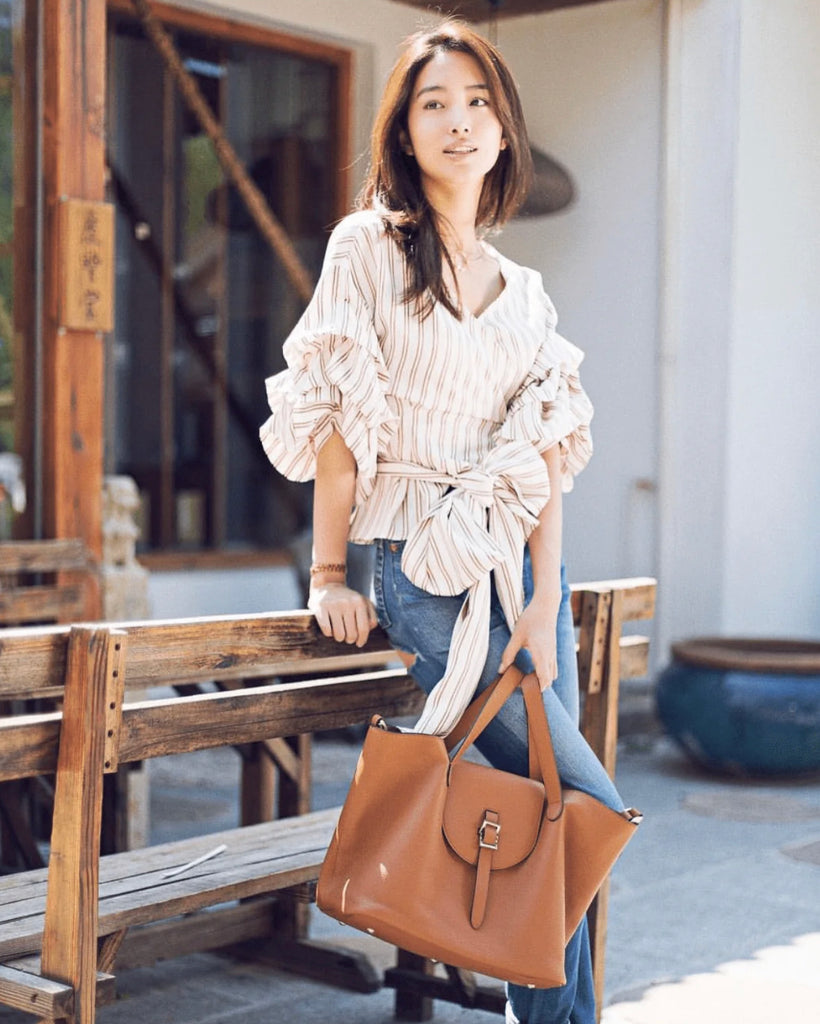 Thela Tan Brown Leather Tote Bag for Women