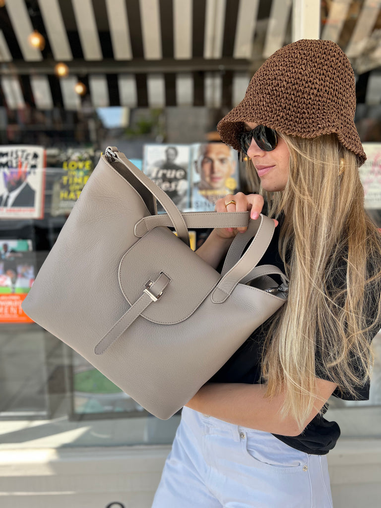 Thela Medium Taupe Grey Leather with Zip Closure Tote Bag for Women