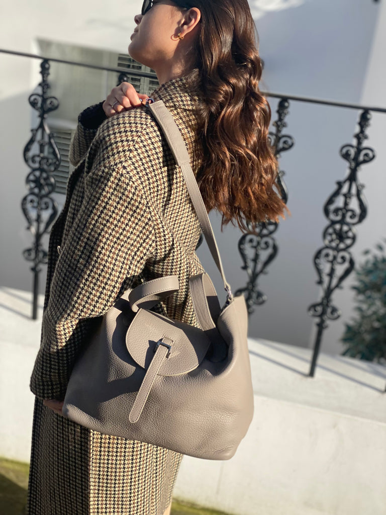 Thela Taupe Grey Leather Tote Bag for Women