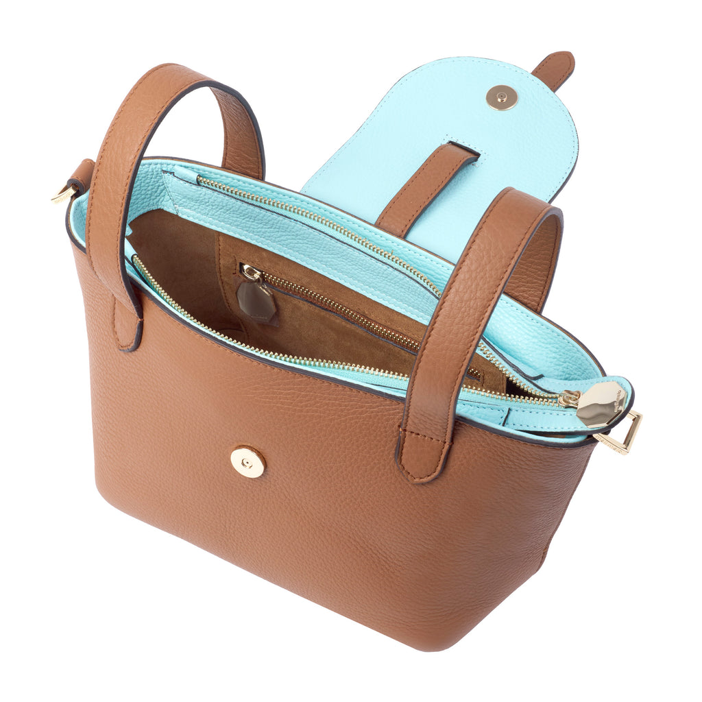 Thela Mini Tan and Acqua with Zip Closure Cross Body Bag for Women