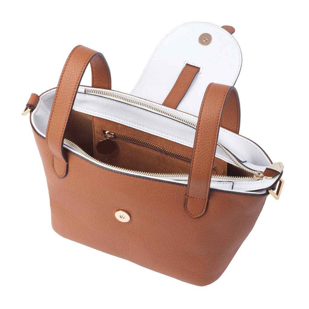 Thela Mini Tan and White with Zip Closure Cross Body Bag for Women
