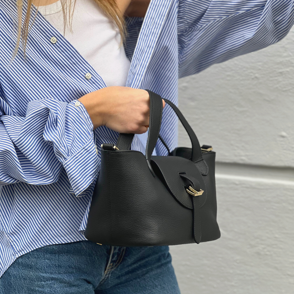 Thela Mini Black Leather Cross Body Bag for Women - meli melo Official