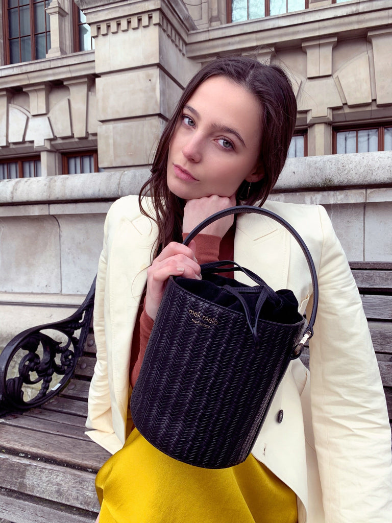 Santina Black Woven Bucket Bag for Women